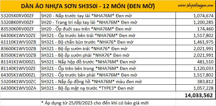 Cập Nhật Giá Dàn Áo SH 350 | Tháng 11/2023 | Shop SH Saigon 6